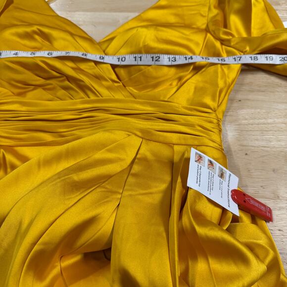Mac Duggal NWT 12404 Yellow Faux Wrap Puff Shoulder Long Sleeve A-Line Gown Sz 8 - Picture 7 of 11